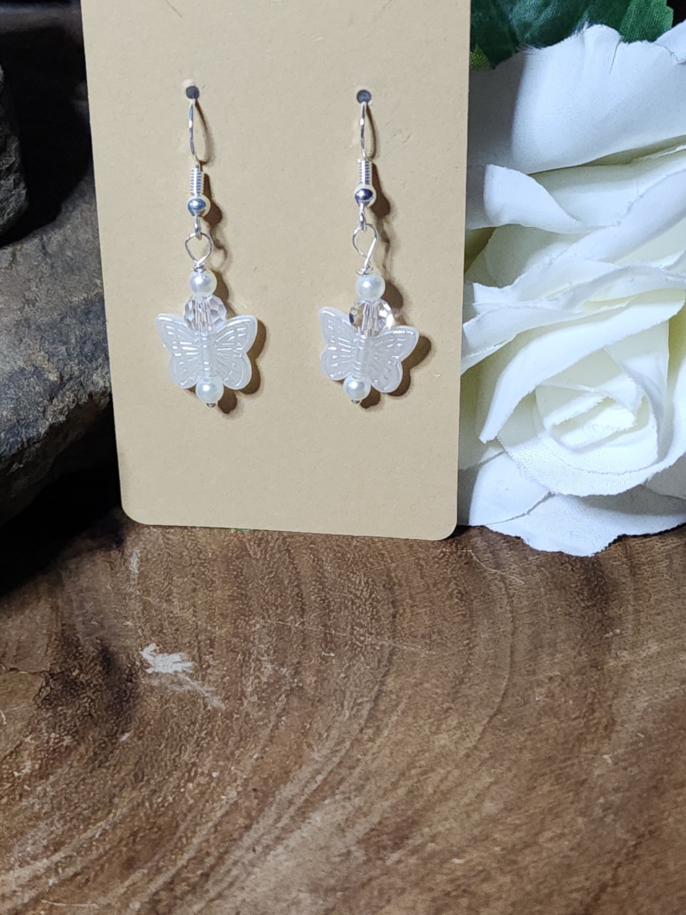 Delicate White Butterfly Earrings With Faceted Glass Beads And Faux Pearls